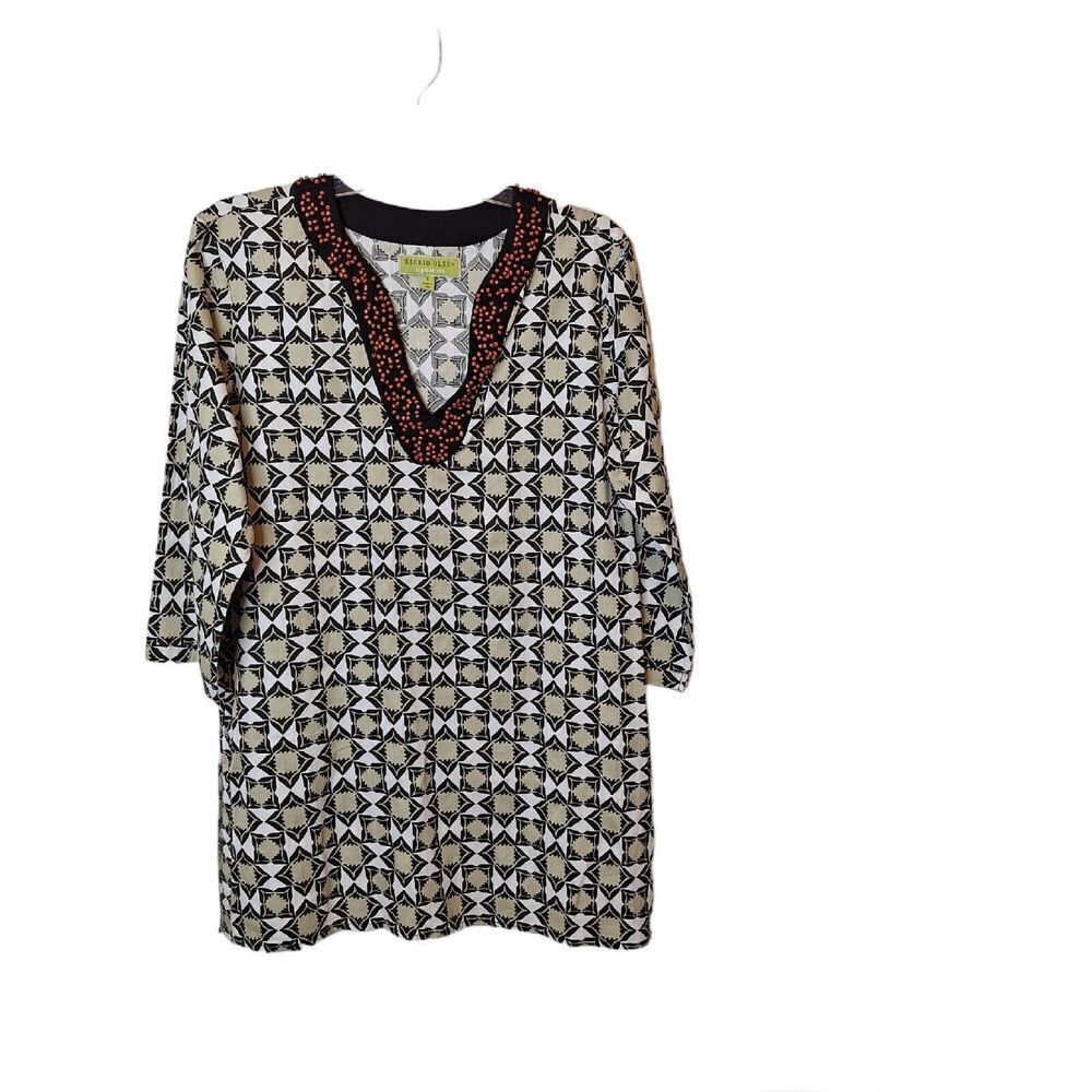 Sigrid Olsen Signature Womens Size L Tunic Top Beaded Pullover V Neck Black Tan
